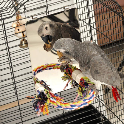 9 Inch Stainless Steel Bird Mirror with Rope Perch – Hanging Parrot Cage Toy for Cockatiels, Conures, Budgies, Lovebirds & Parakeets