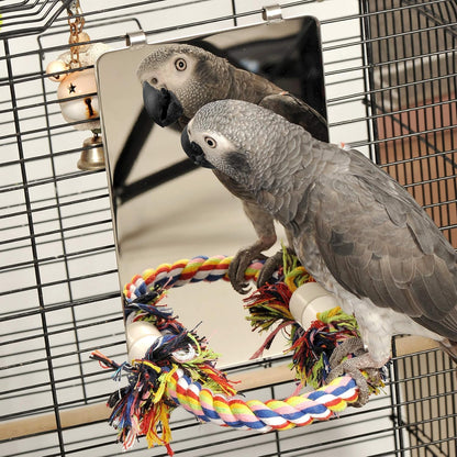9 Inch Stainless Steel Bird Mirror with Rope Perch – Hanging Parrot Cage Toy for Cockatiels, Conures, Budgies, Lovebirds & Parakeets