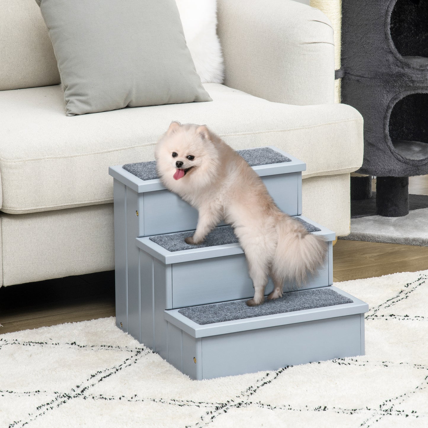 3-Step Wooden Pet Stairs – Non-Slip Carpet Steps for Cats & Small Dogs