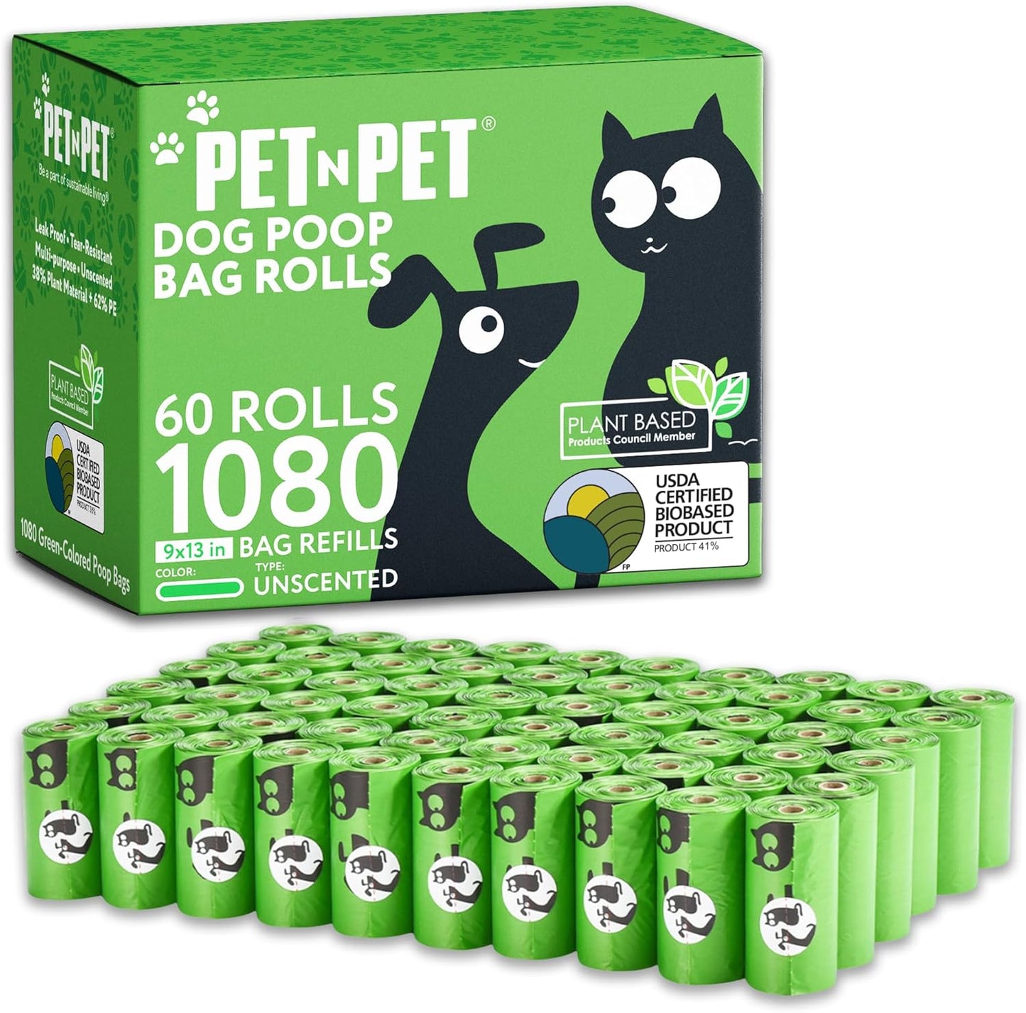 41% Plant-Based Leak-Proof Dog Poop Bags – Unscented Pet Waste Refill Rolls, 1080 Count