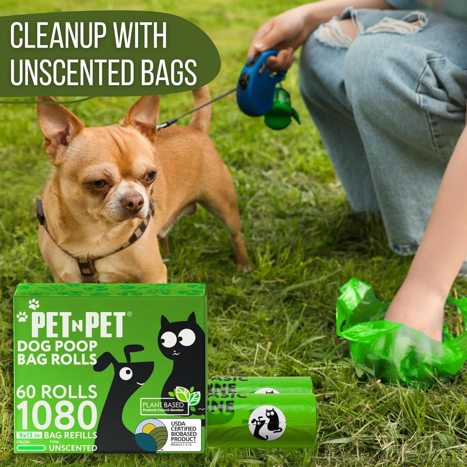 41% Plant-Based Leak-Proof Dog Poop Bags – Unscented Pet Waste Refill Rolls, 1080 Count