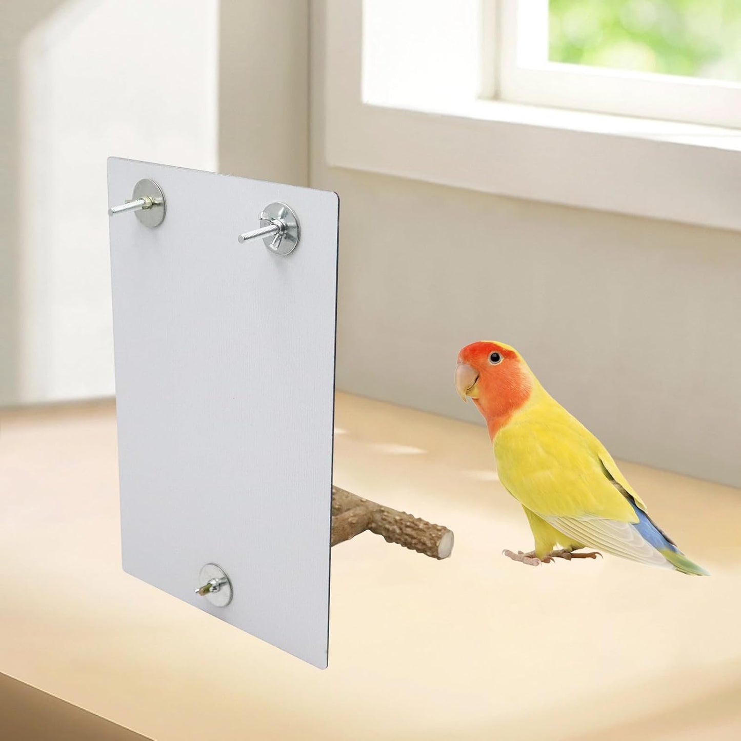 Large Bird Mirror Toy with Perch Stand, Parrot Parakeet Mirror with Bird Swing Bell Toys, Bird Cage Accessories, Suitable for Parakeet Cockatiel Conure Lovebirds - 11.8 × 7.9 Inch