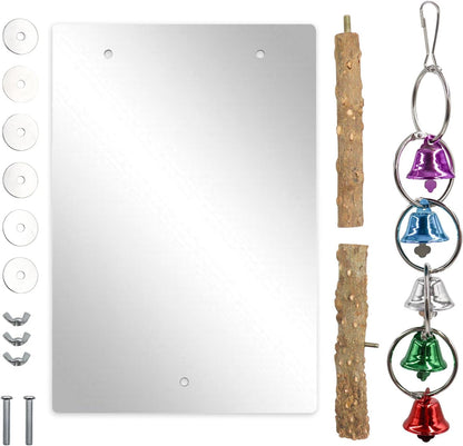 Large Bird Mirror Toy with Perch Stand, Parrot Parakeet Mirror with Bird Swing Bell Toys, Bird Cage Accessories, Suitable for Parakeet Cockatiel Conure Lovebirds - 11.8 × 7.9 Inch