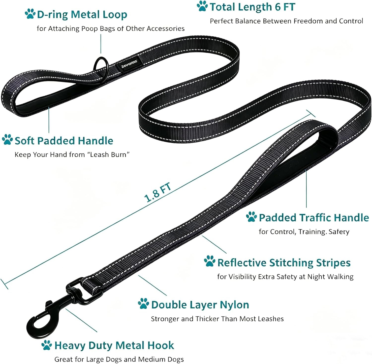 Heavy-Duty 6ft Dog Leash with Dual Padded Handles – Extra Control Lead for Medium & Large Dogs