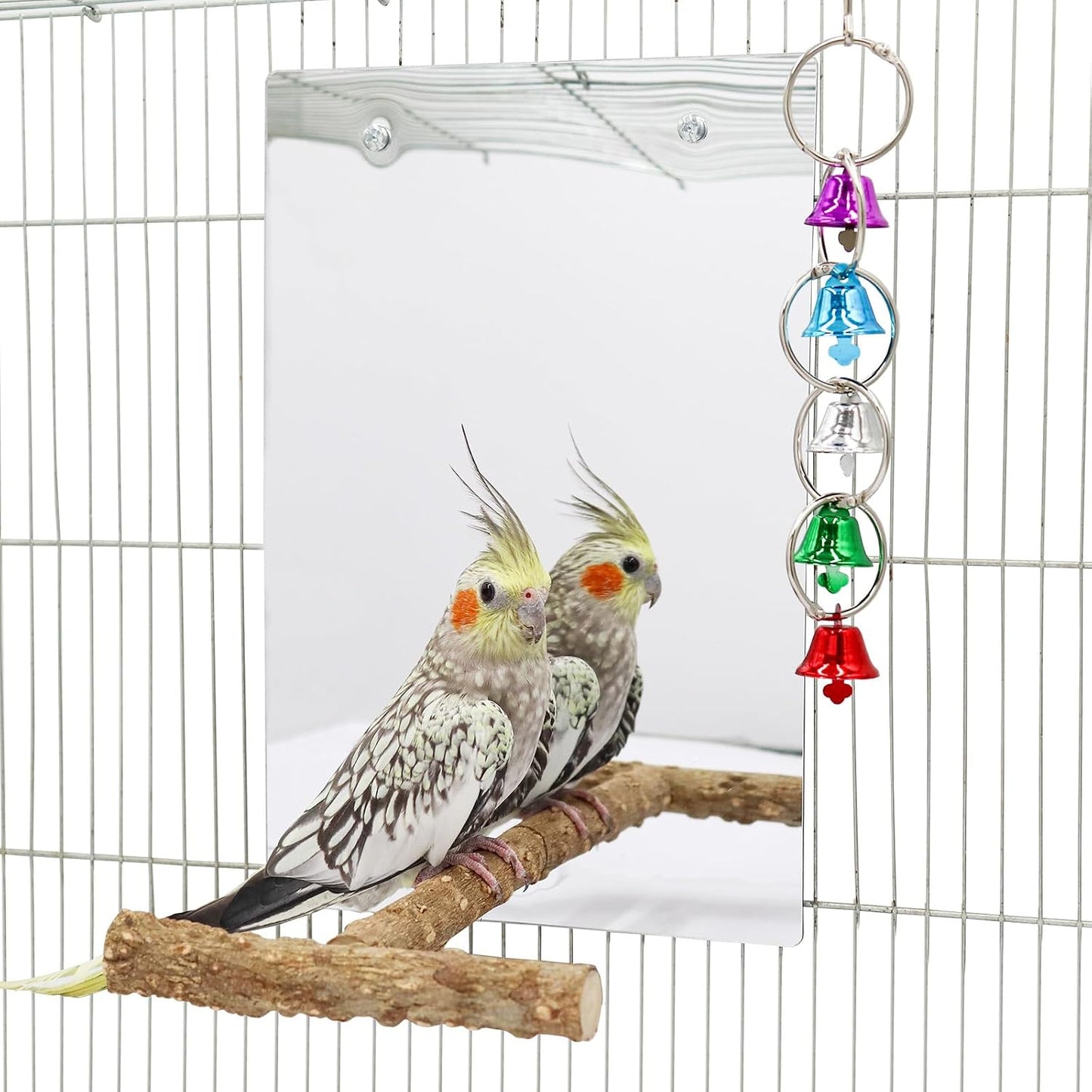 Large Bird Mirror Toy with Perch Stand, Parrot Parakeet Mirror with Bird Swing Bell Toys, Bird Cage Accessories, Suitable for Parakeet Cockatiel Conure Lovebirds - 11.8 × 7.9 Inch
