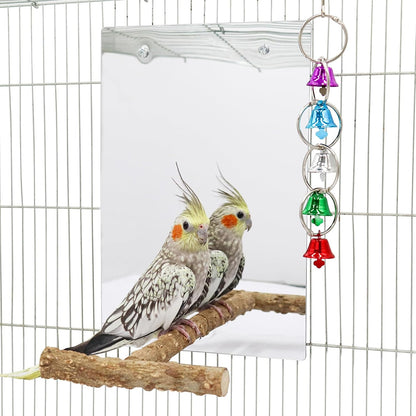 Large Bird Mirror Toy with Perch Stand, Parrot Parakeet Mirror with Bird Swing Bell Toys, Bird Cage Accessories, Suitable for Parakeet Cockatiel Conure Lovebirds - 11.8 × 7.9 Inch