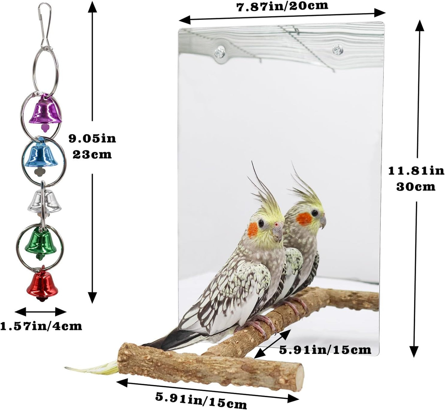 Large Bird Mirror Toy with Perch Stand, Parrot Parakeet Mirror with Bird Swing Bell Toys, Bird Cage Accessories, Suitable for Parakeet Cockatiel Conure Lovebirds - 11.8 × 7.9 Inch