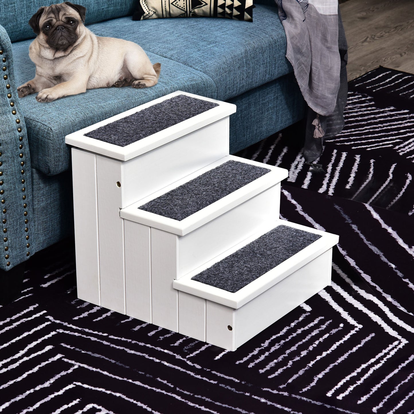3-Step Wooden Pet Stairs – Non-Slip Carpet Steps for Cats & Small Dogs