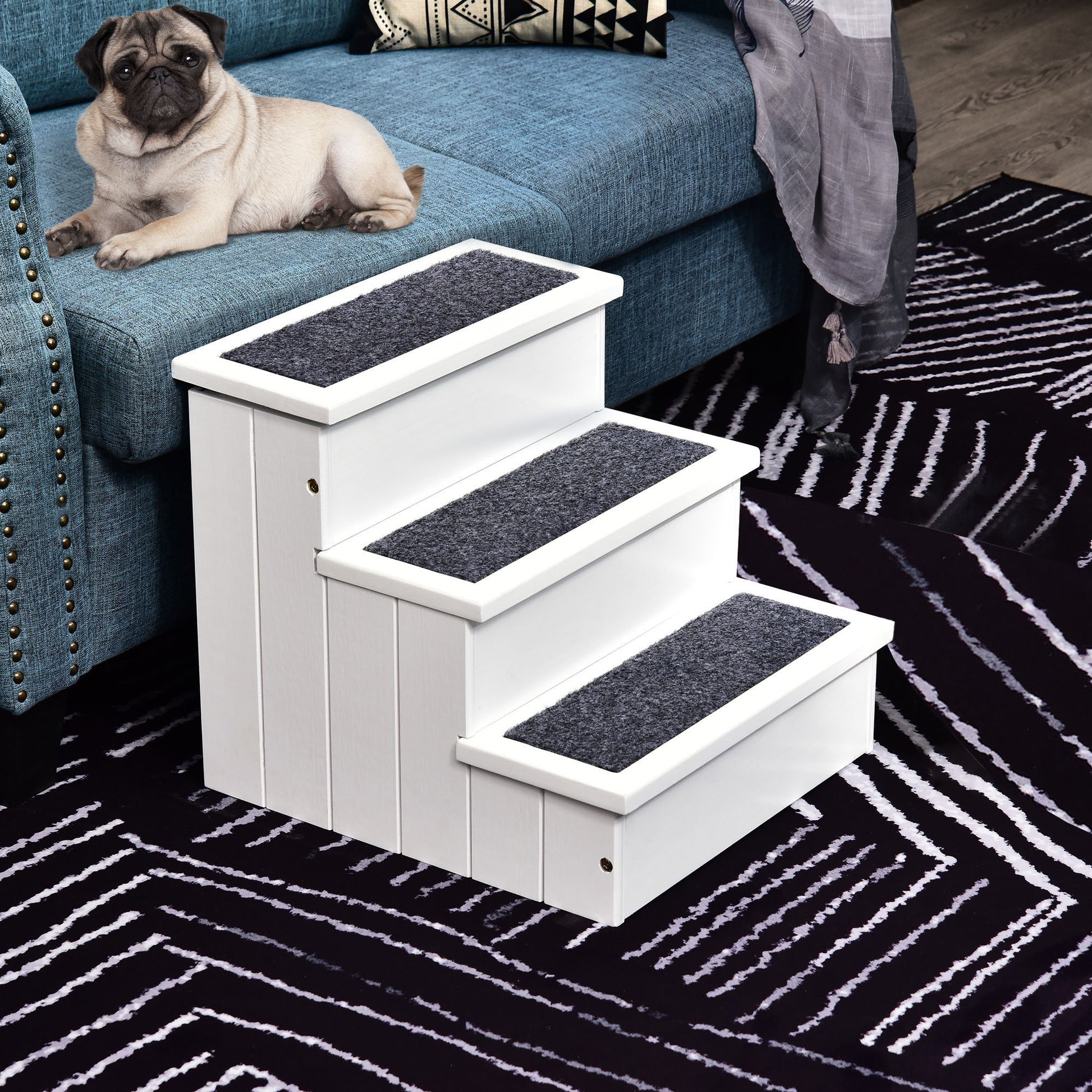3-Step Wooden Pet Stairs – Non-Slip Carpet Steps for Cats & Small Dogs