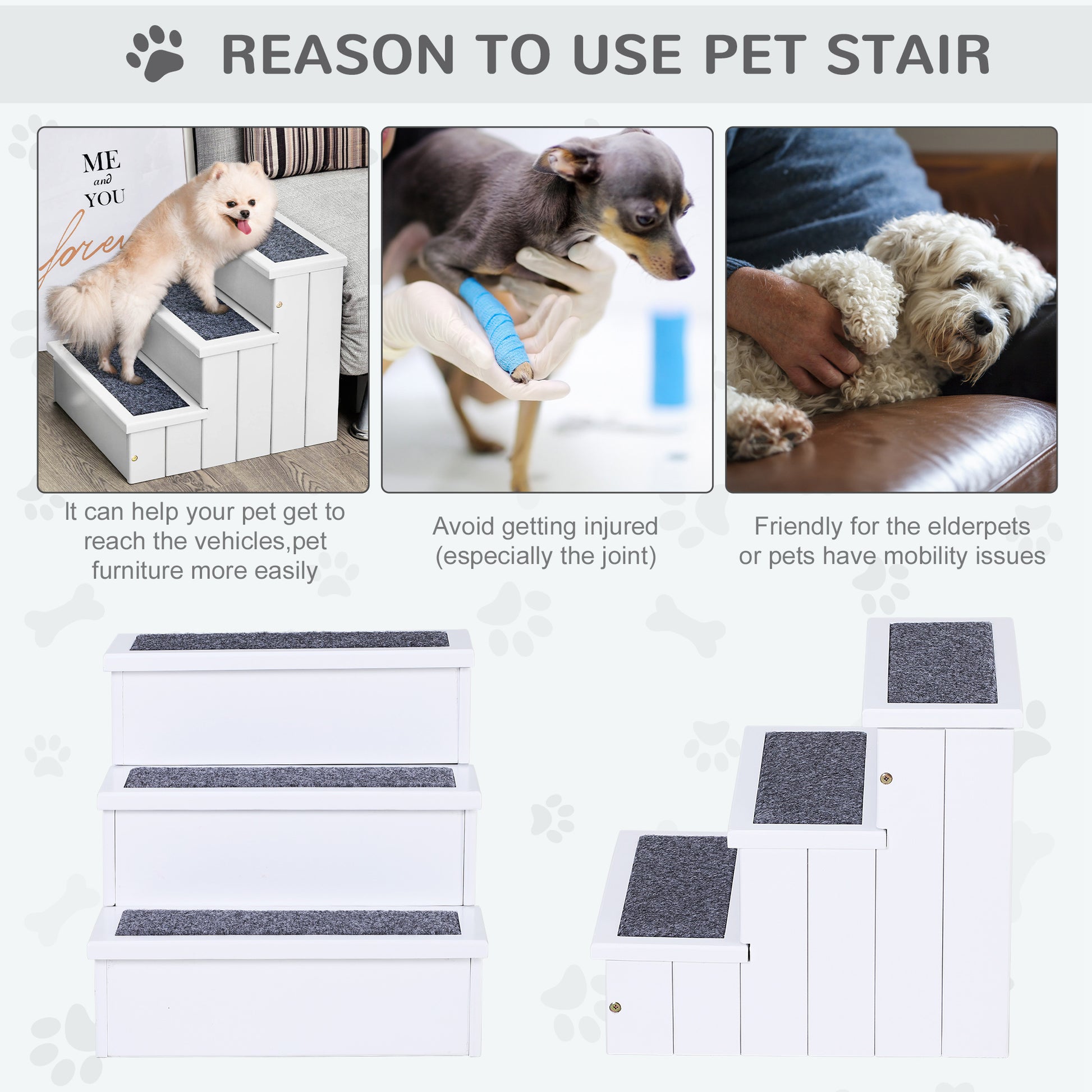 3-Step Wooden Pet Stairs – Non-Slip Carpet Steps for Cats & Small Dogs