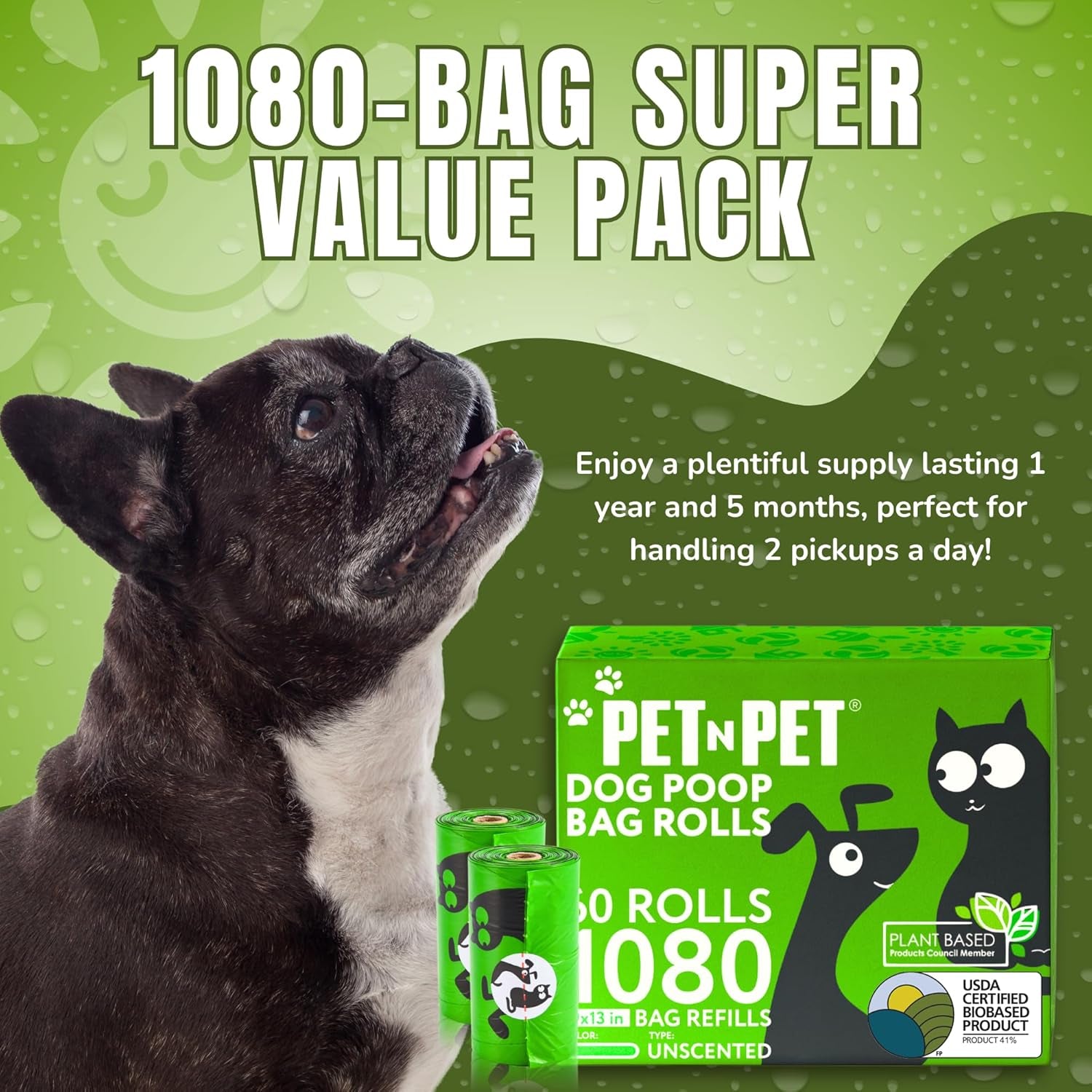 41% Plant-Based Leak-Proof Dog Poop Bags – Unscented Pet Waste Refill Rolls, 1080 Count