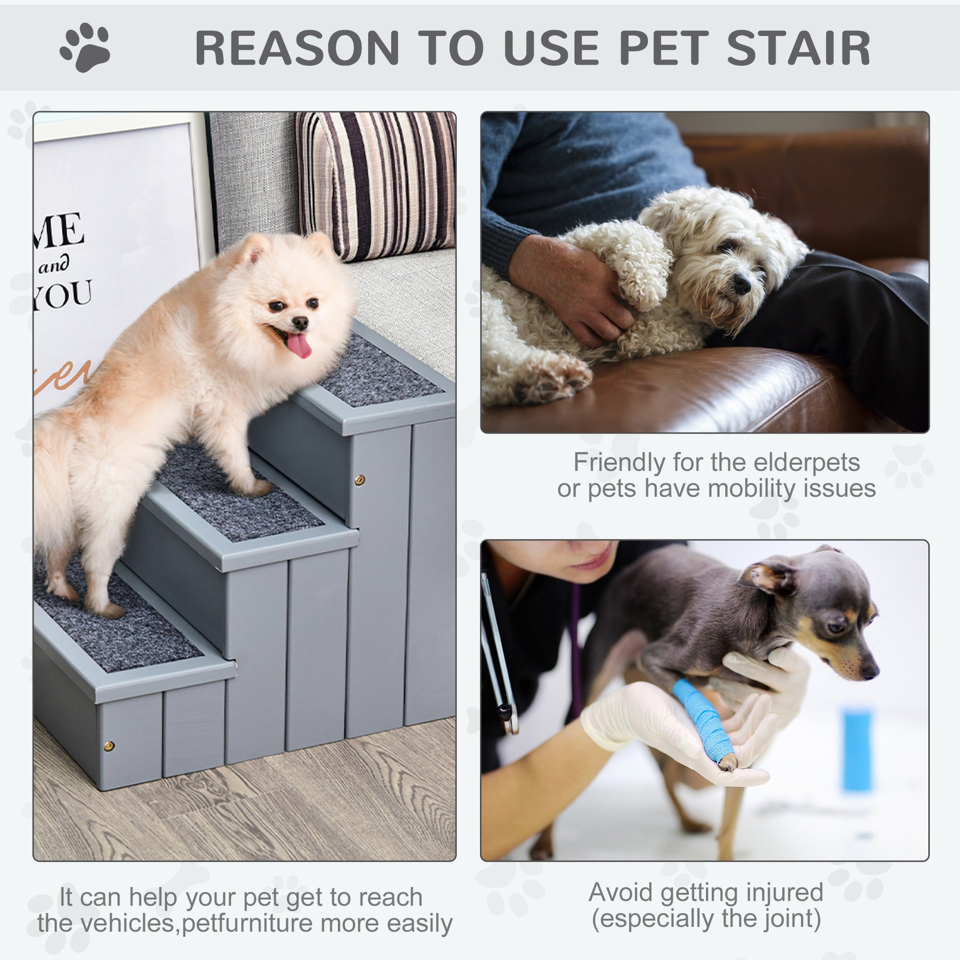3-Step Wooden Pet Stairs – Non-Slip Carpet Steps for Cats & Small Dogs