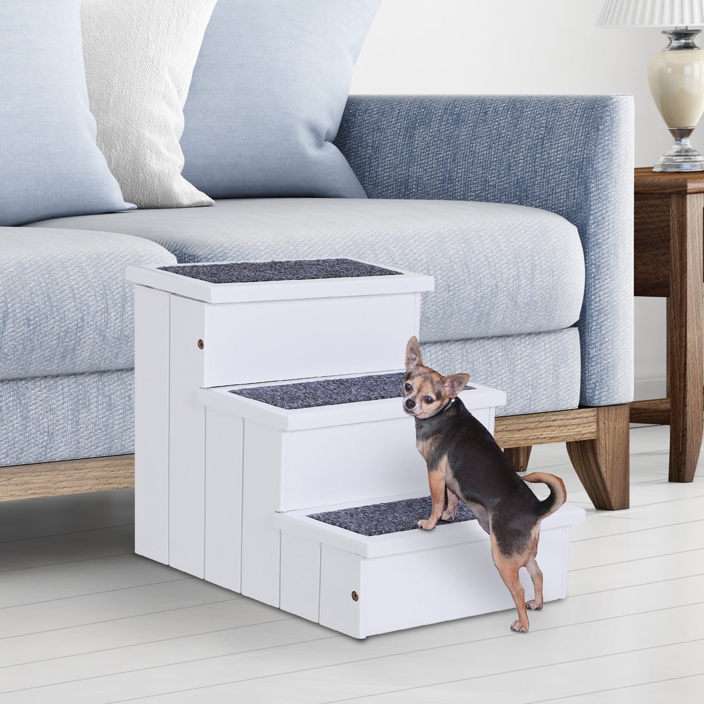 3-Step Wooden Pet Stairs – Non-Slip Carpet Steps for Cats & Small Dogs