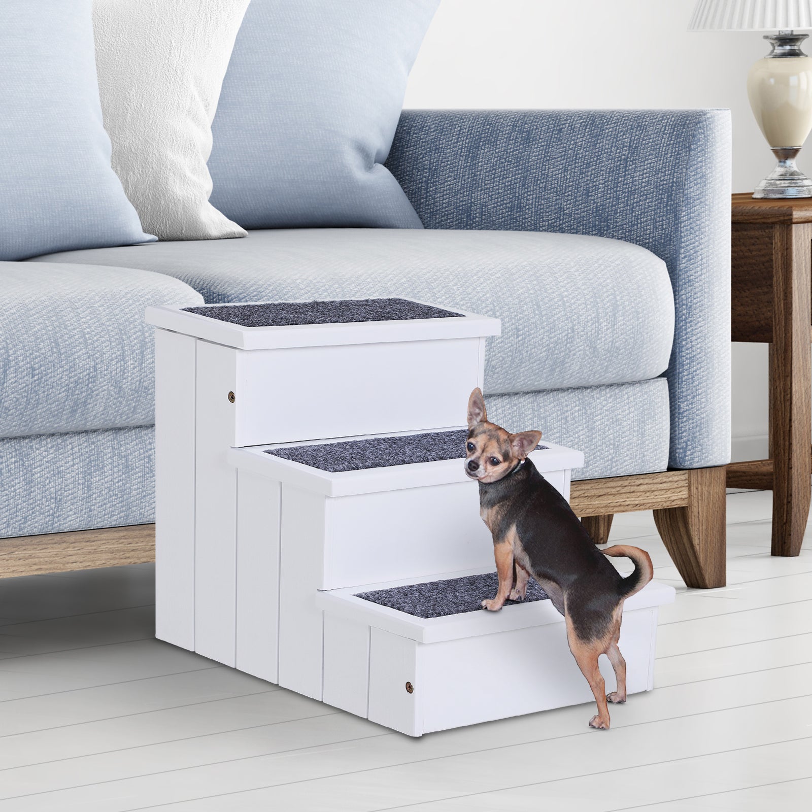 3-Step Wooden Pet Stairs – Non-Slip Carpet Steps for Cats & Small Dogs