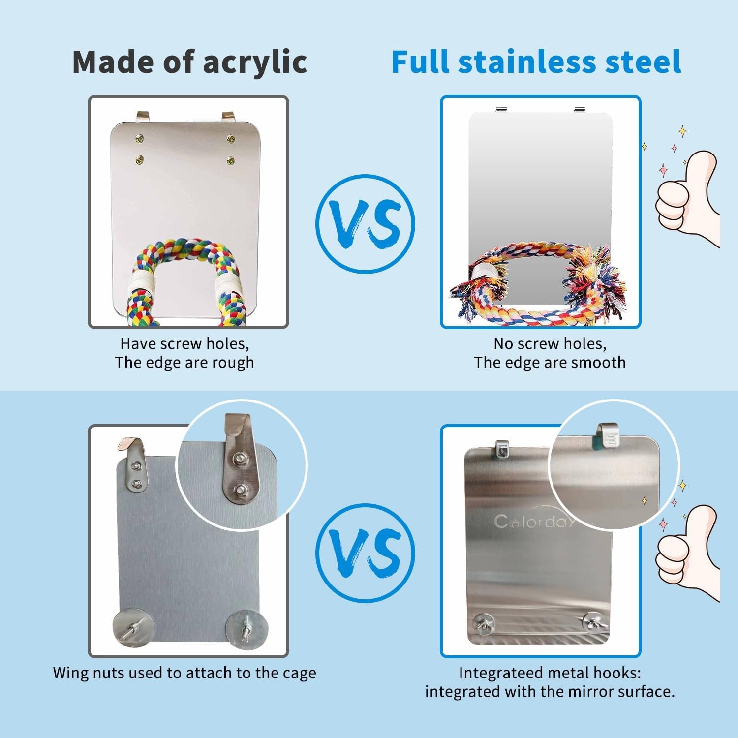 9 Inch Stainless Steel Bird Mirror with Rope Perch – Hanging Parrot Cage Toy for Cockatiels, Conures, Budgies, Lovebirds & Parakeets