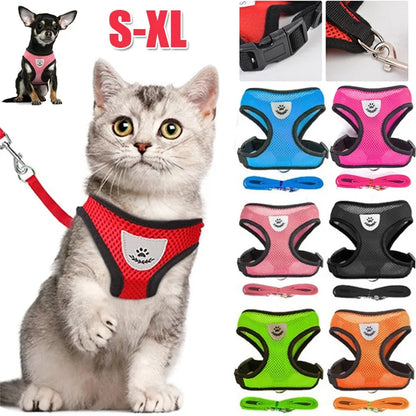 Adjustable Breathable Mesh Cat & Small Dog Harness with Lead Leash – Reflective Pet Walking Vest